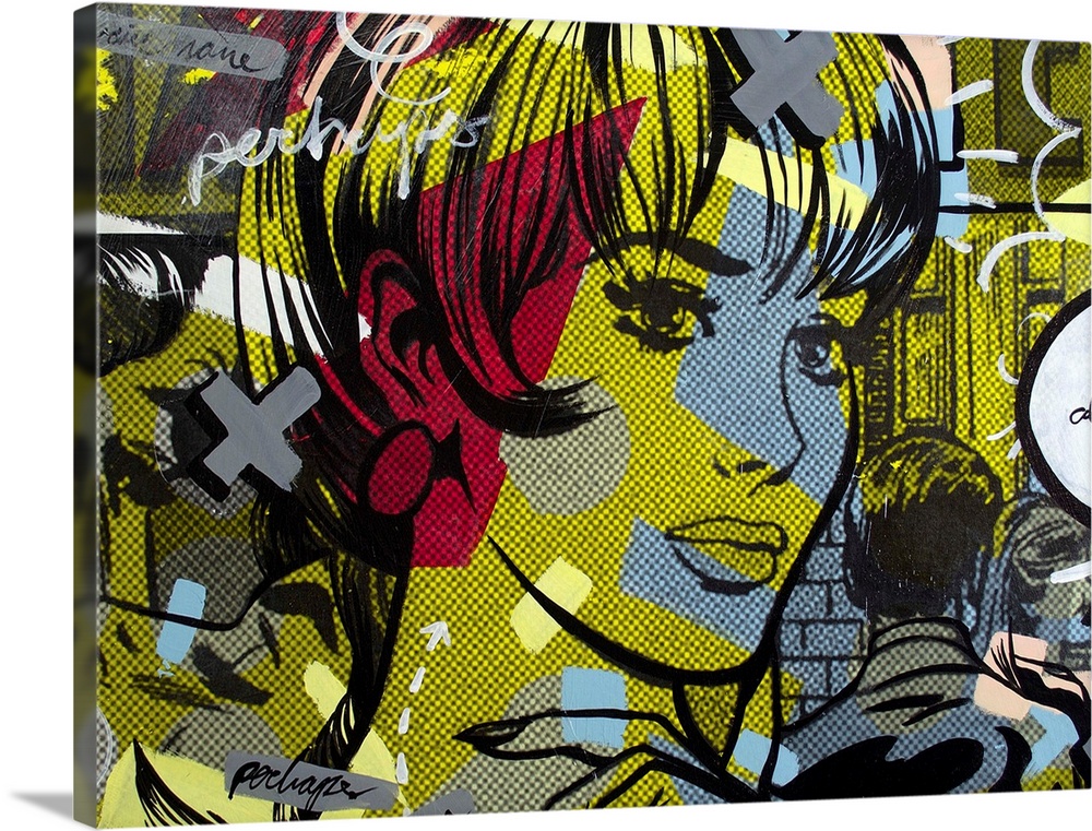 Pop art composed of comic illustrations and bold text, reminiscent of Lichtenstein, with a concerned woman following a crowd.