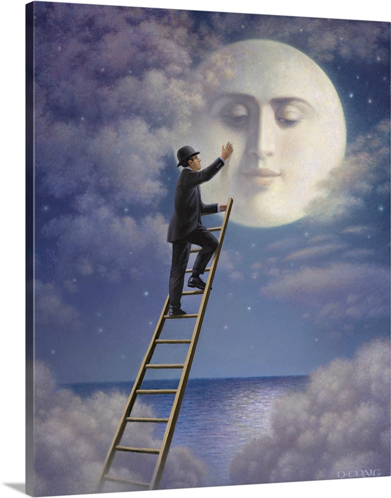 A man climbing a ladder to the moon.