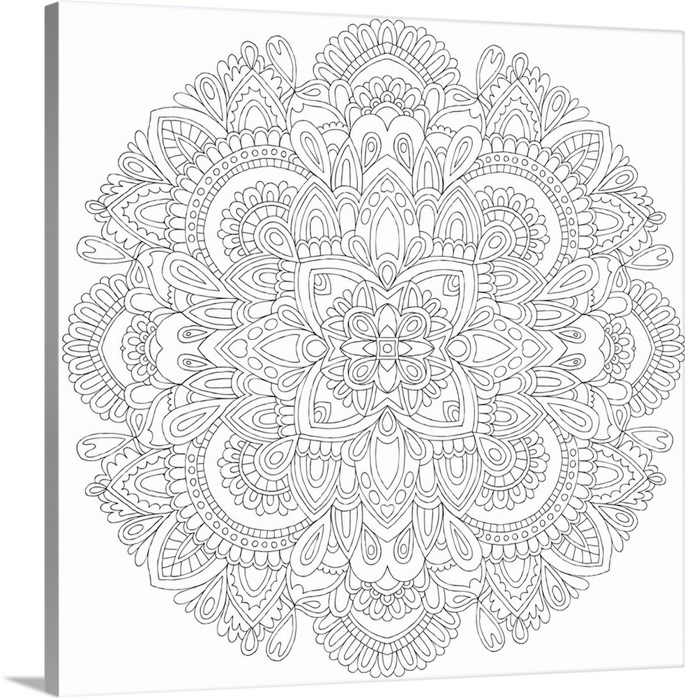 Black and white line art of an intricately designed mandala, great for a coloring canvas.
