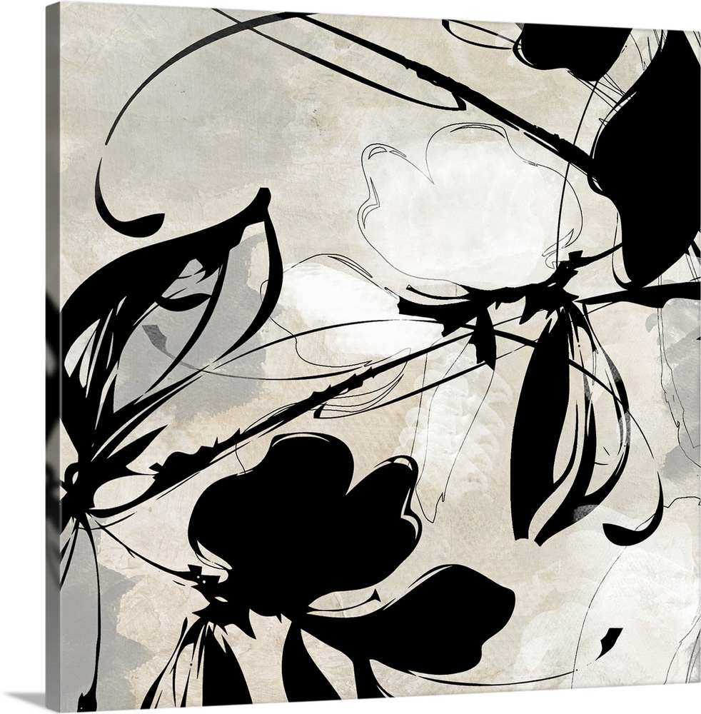 Oversized, square wall art in black and white of a flower and ink design  on a light background.