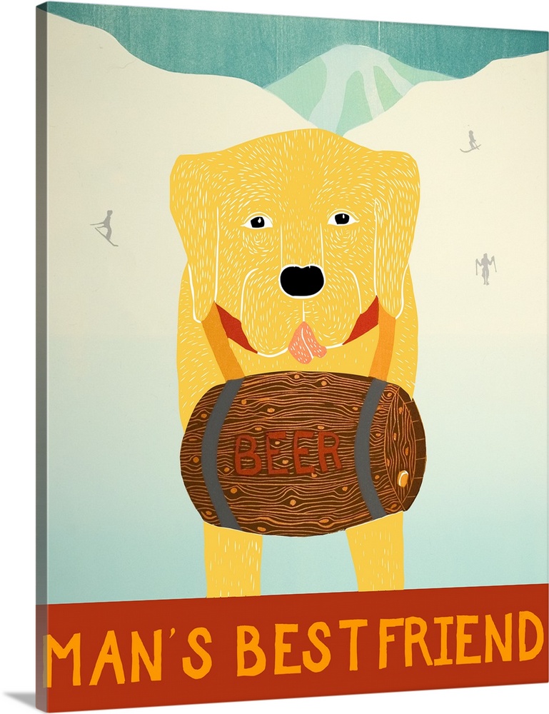 Illustration of a yellow lab with a barrel of beer around its neck on the ski slopes with the phrase "Man's Best Friend" w...
