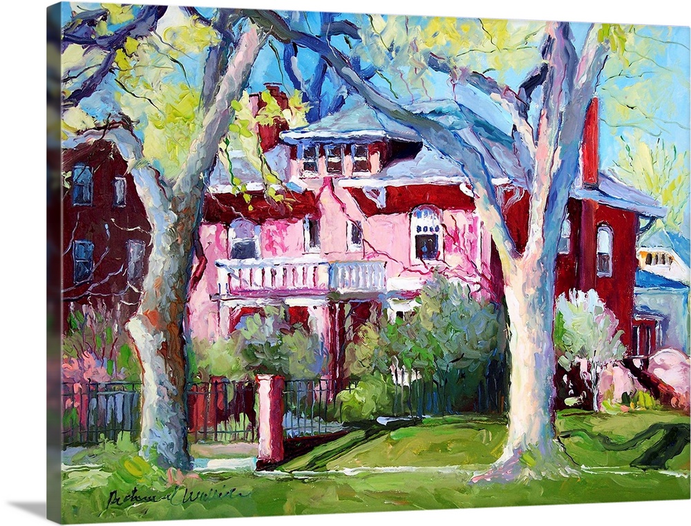 Painting of a pale red country home.