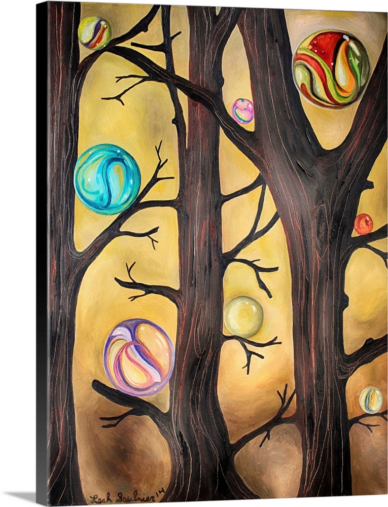 Surrealist painting of a forest of trees with glass marbles on the branches.