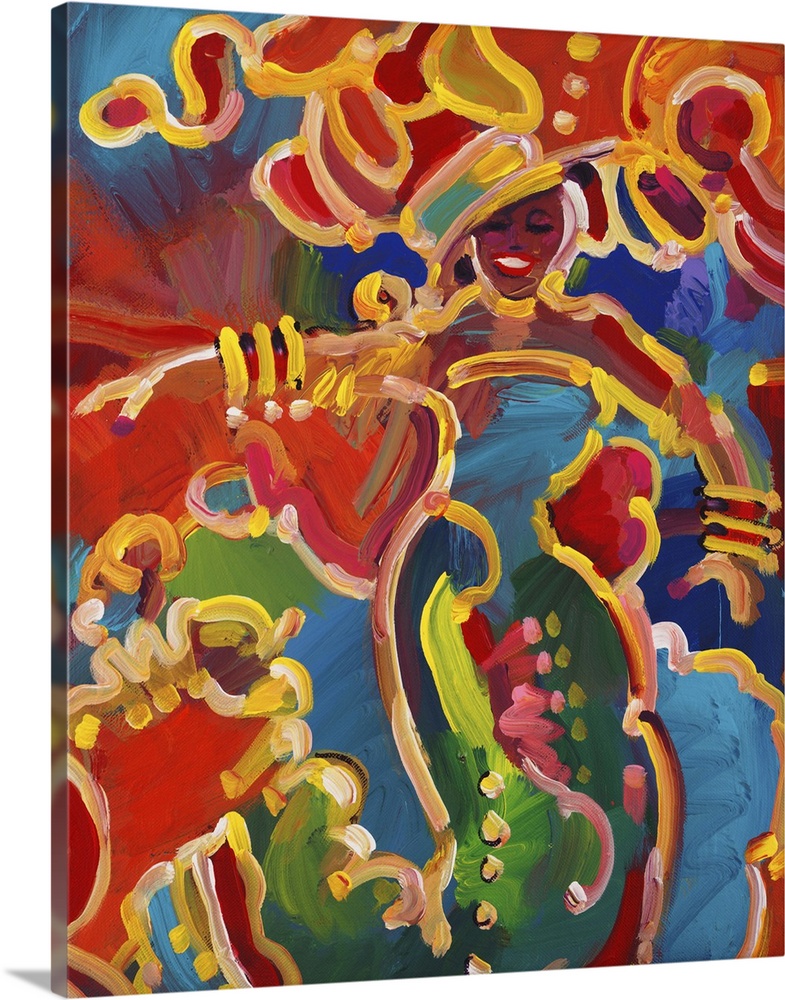 Contemporary painting in vivid rainbow colors of a woman dressed up for a festival celebration.