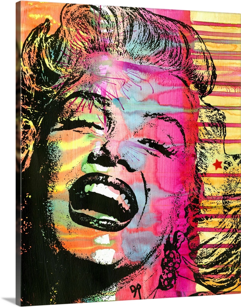 Colorful illustration of Marilyn Monroe laughing with busy painted designs in the background.