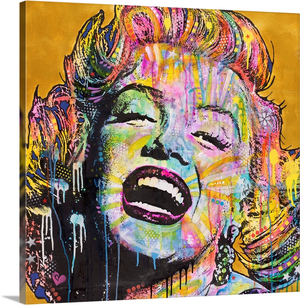 Square illustration of Marilyn Monroe laughing and full of color with paint drips running down to the bottom on a gold bac...