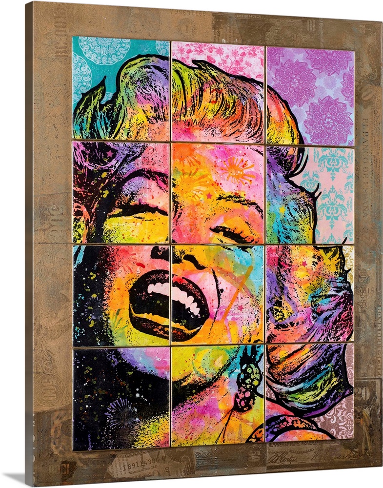 12 colorful tiles placed together to create Marilyn Monroe's face on top of a brown background with faded money illustrati...