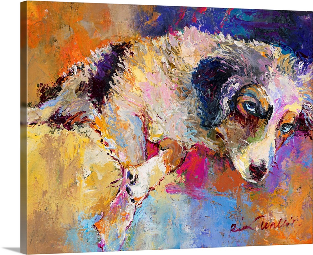 Colorful abstract painting of a dog laying down.