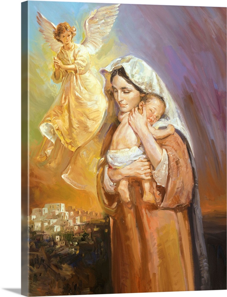 Mary, holding Jesus to her breast.  An angel is seen watching over them.