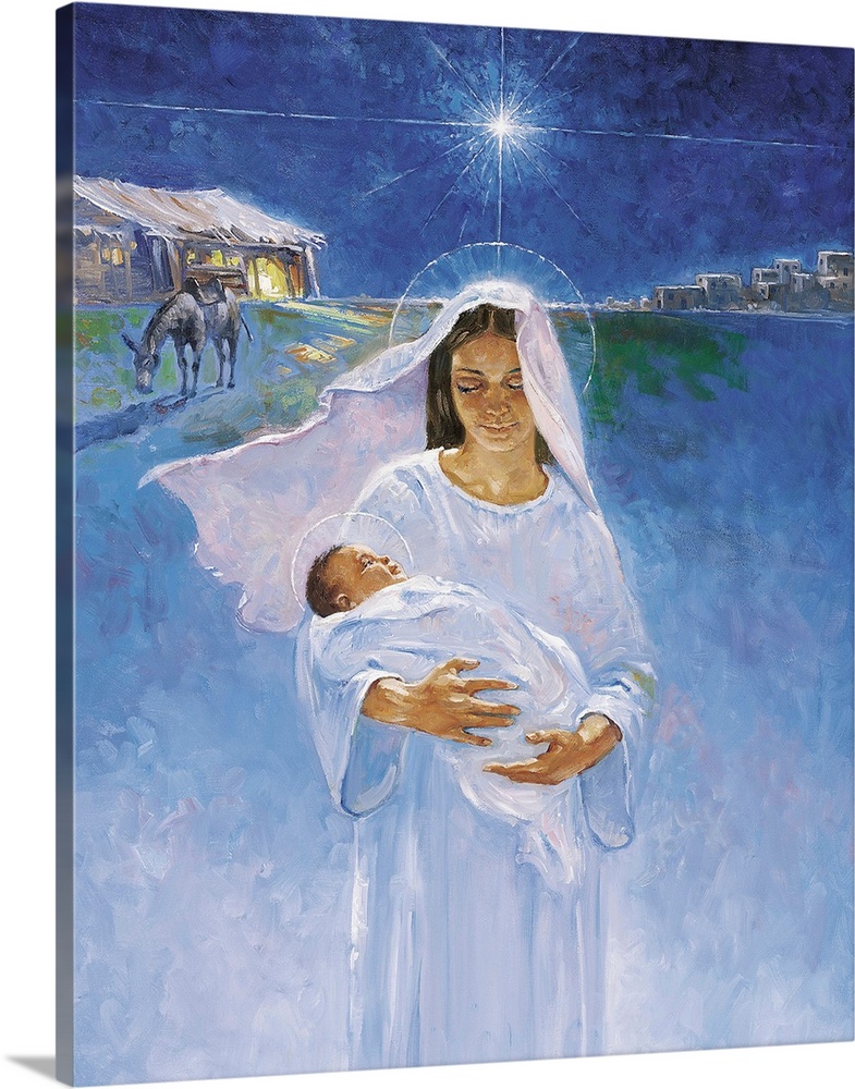 Mary is pictured holding Jesus, the manger in which he was born is pictured in the background, as well as Bethlehem and th...