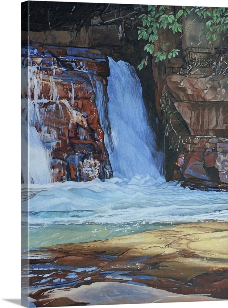 Contemporary painting of a small waterfall pouring from rocks in a forest.