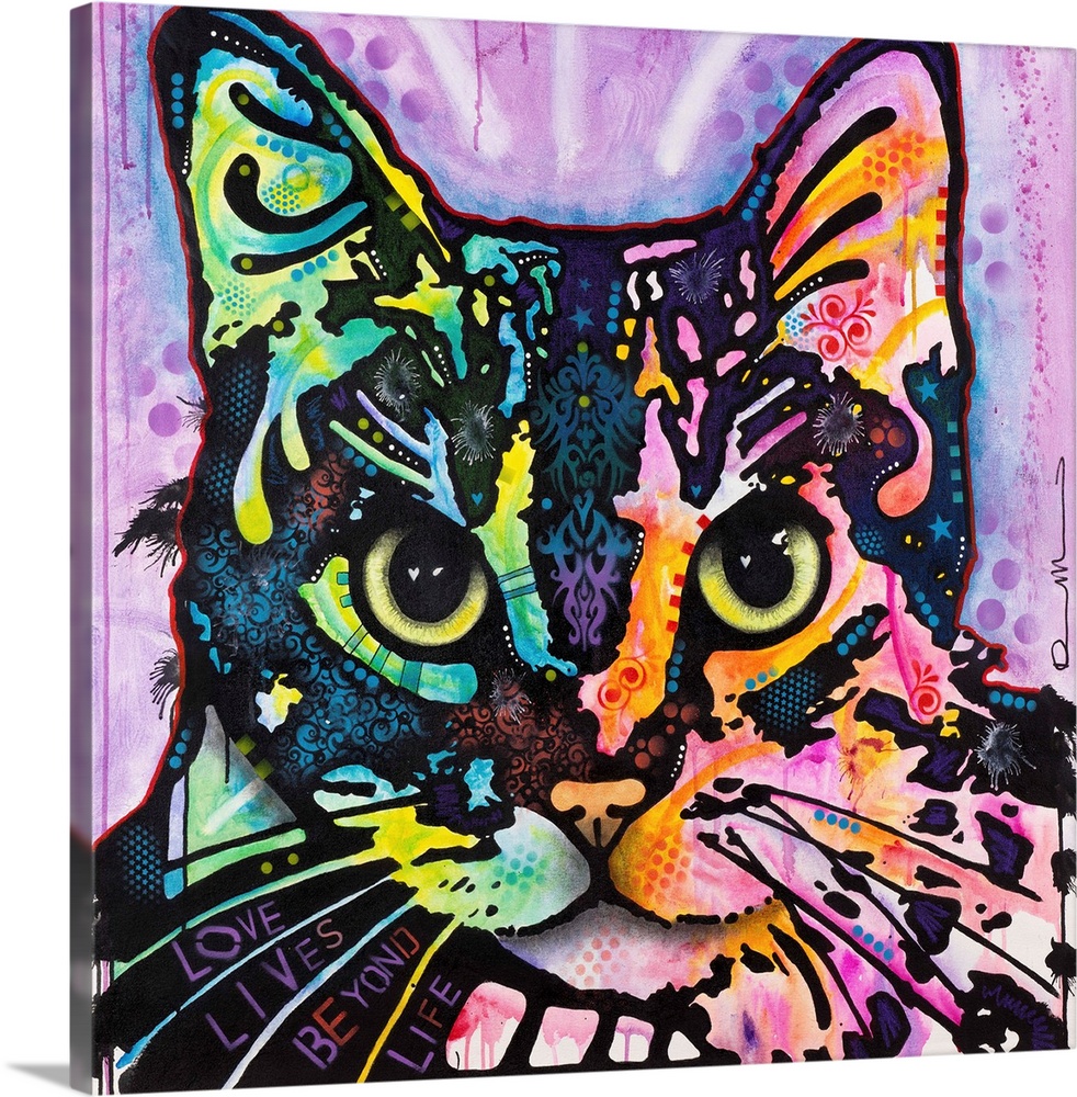 Square art with an illustration of a cat with colorful abstract markings on a purple background.
