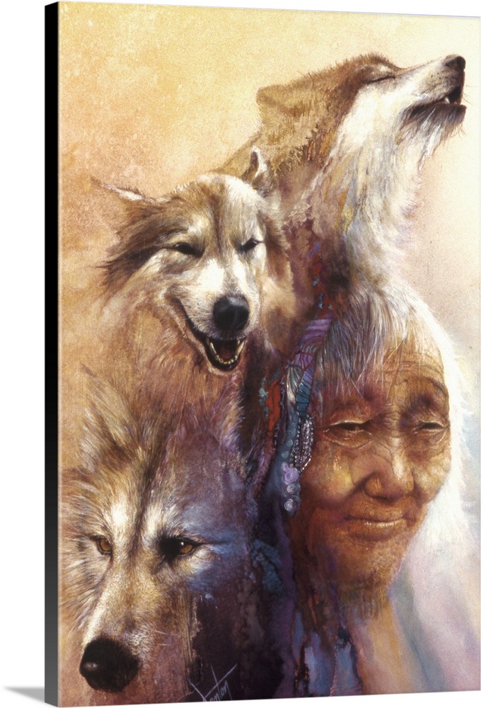 A contemporary painting of an elderly woman surrounded by three images of wolves.