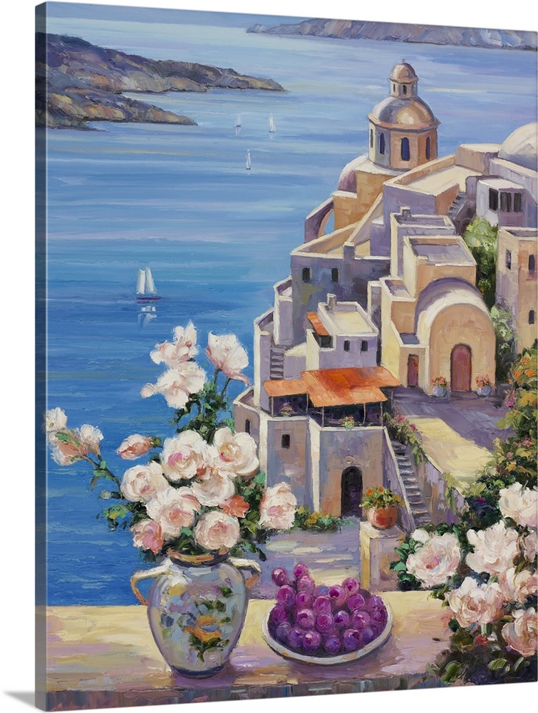 A seascape with a rose arrangement in the foreground.