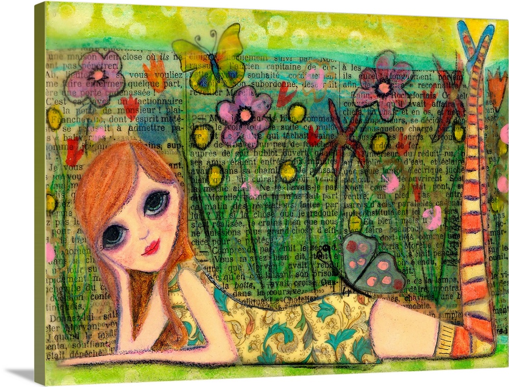A girl with striped stocking lying down in a garden.