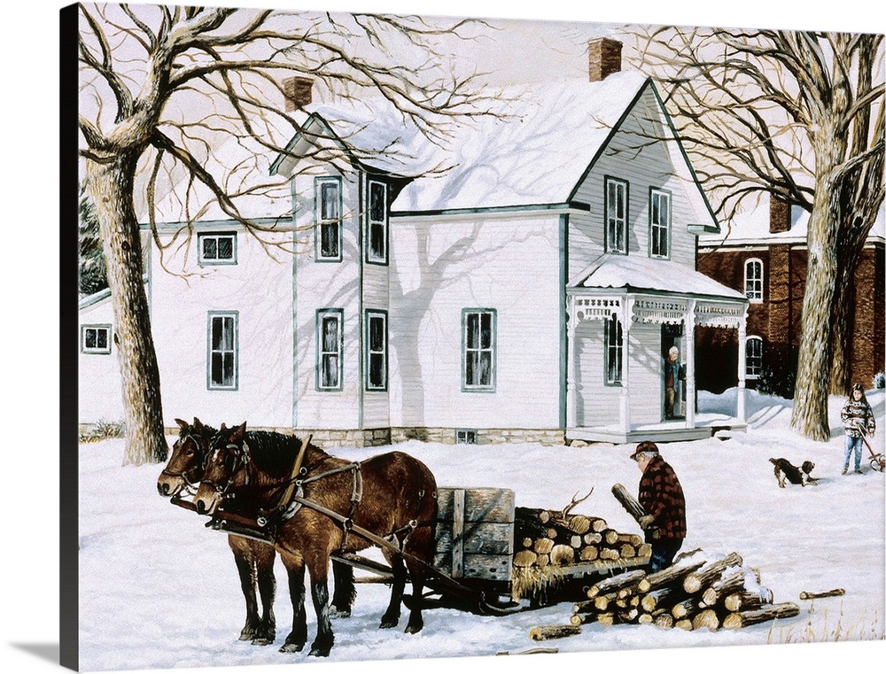 Contemporary artwork of a man on a sleigh full of logs and two horses near a house.