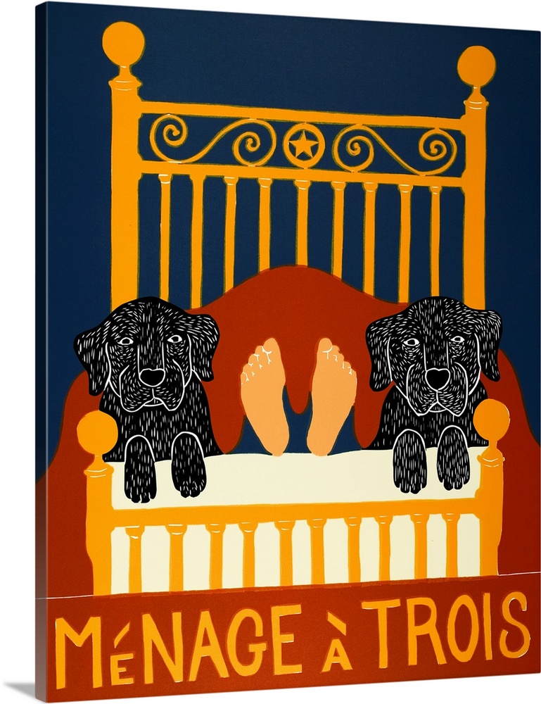 Illustration of two black labs laying next to their owners legs at the foot of the bed with the phrase "Menage a Trois" wr...
