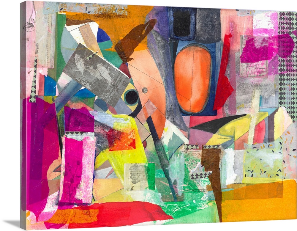 A multi-layered collage piece in a contemporary abstract style with warm bright tones of orange and pink