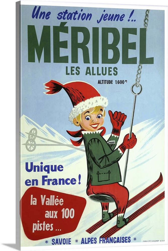 Vintage advertisement artwork for Maribel Les Allues skiing.