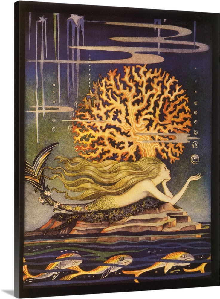 A vintage illustration of a whimsical looking mermaid swimming beside a golden reef.