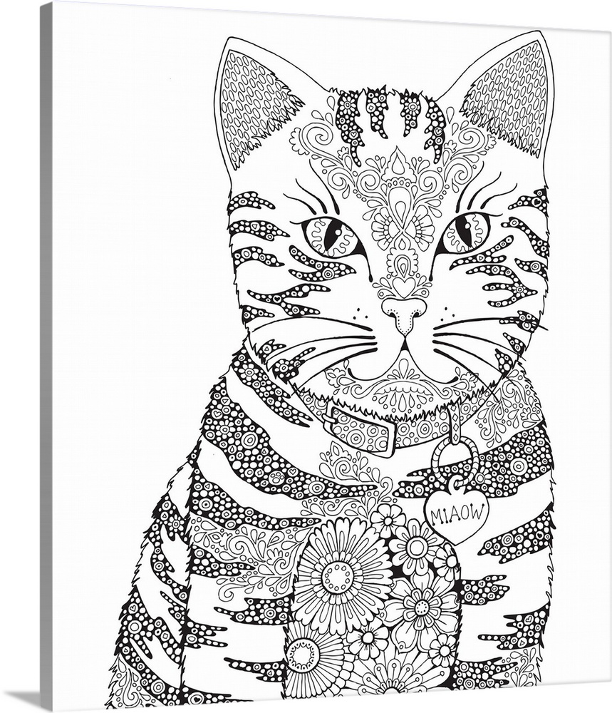 Black and white line art of an intricately designed cat with a floral print body and a name tag that reads "Miaow"