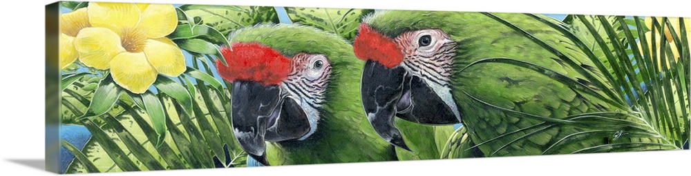 Contemporary painting of a close-up of two tropical green parrots.