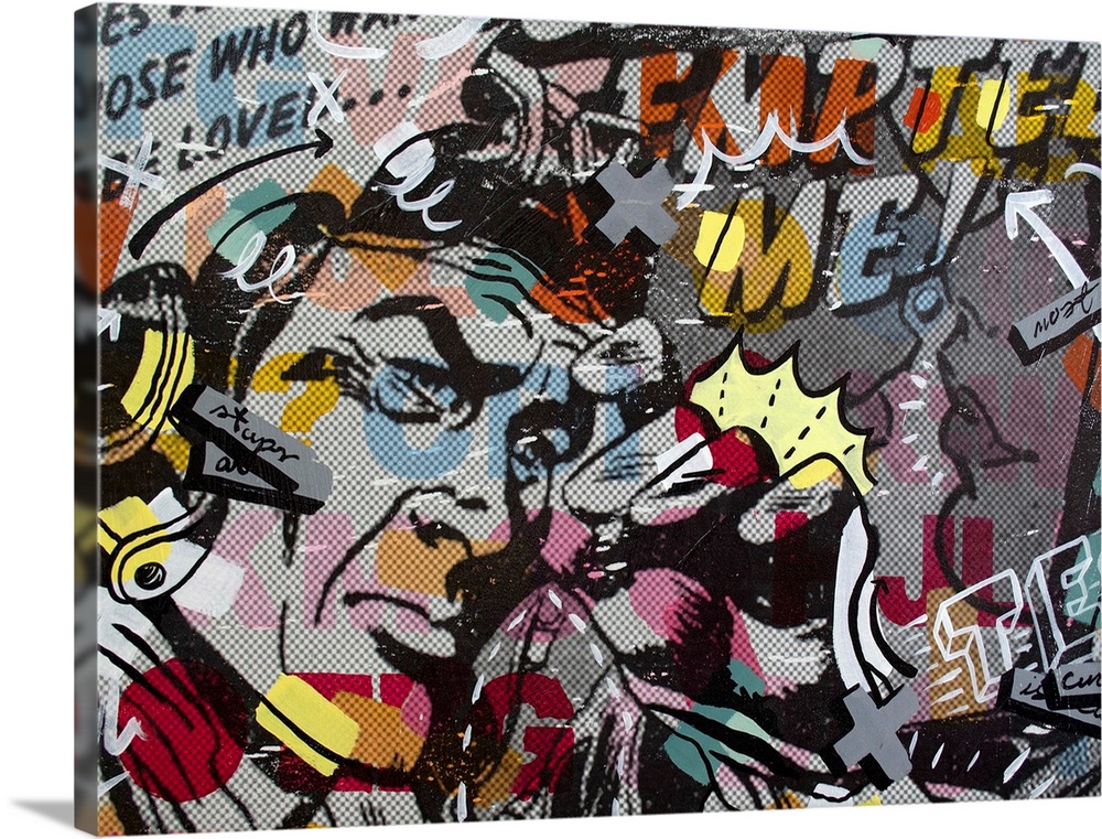 Pop art composed of comic illustrations and bold text, reminiscent of Lichtenstein, with a pilot using an instrument.