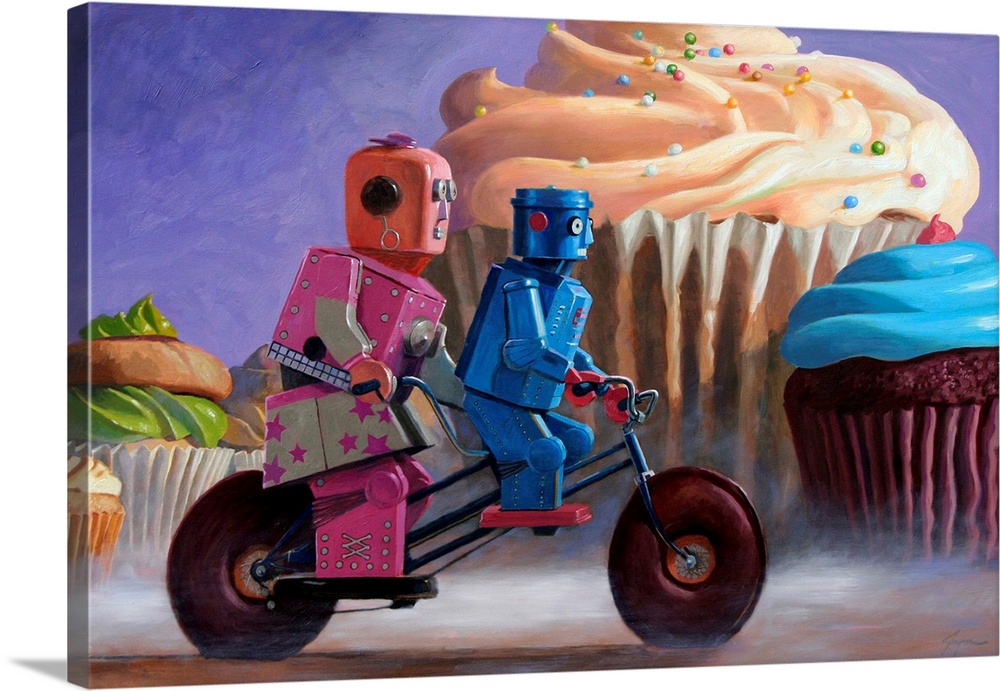 A contemporary painting of a two retro toy robots riding a tandem bicycle with giant colorful cupcakes seen in the backgro...