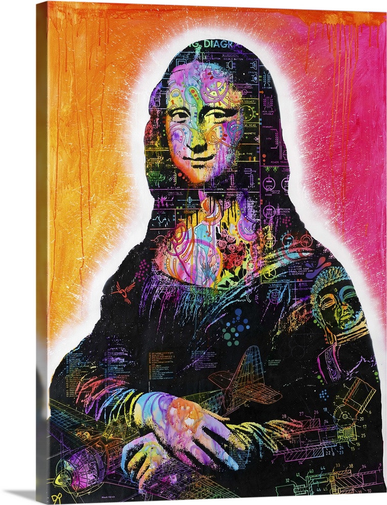 Pop art style portrait of Mona Lisa covered in rainbow colored blueprint illustrations on an orange, yellow, and pink back...