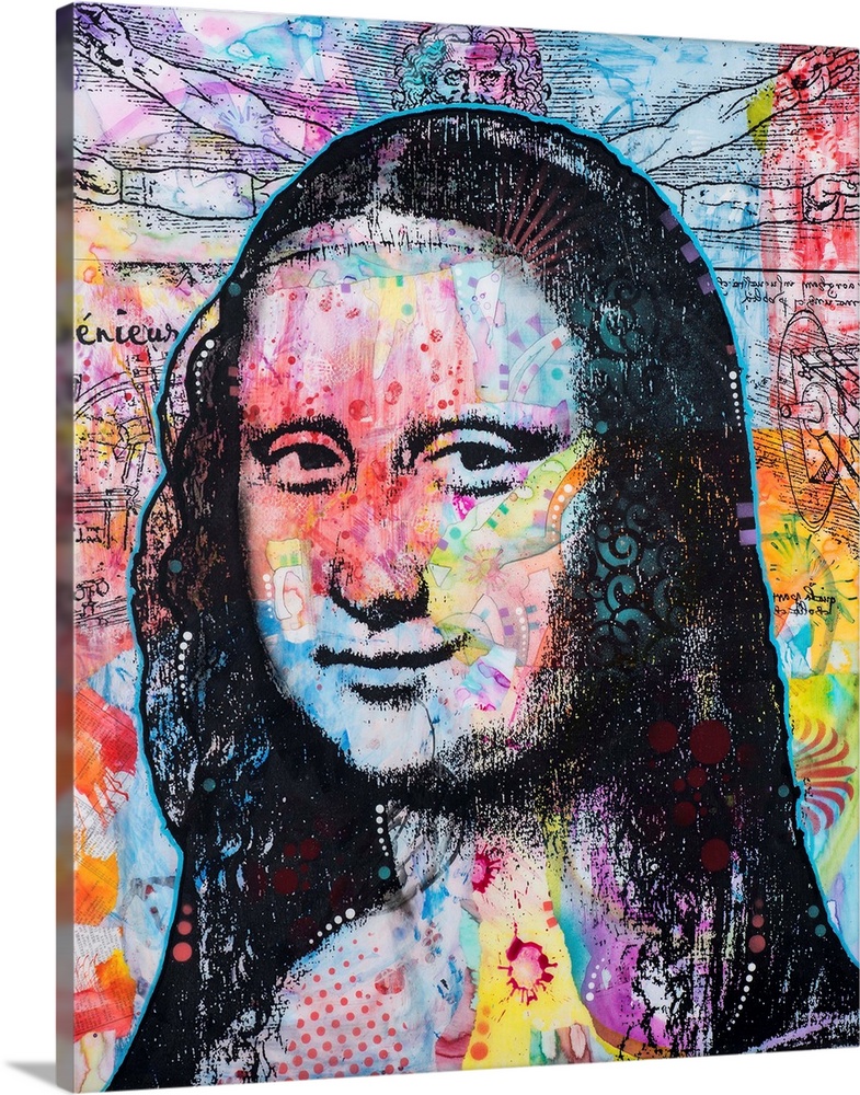Illustration of the Mona Lisa with da Vinci's Vitruvian Man on the colorful background.