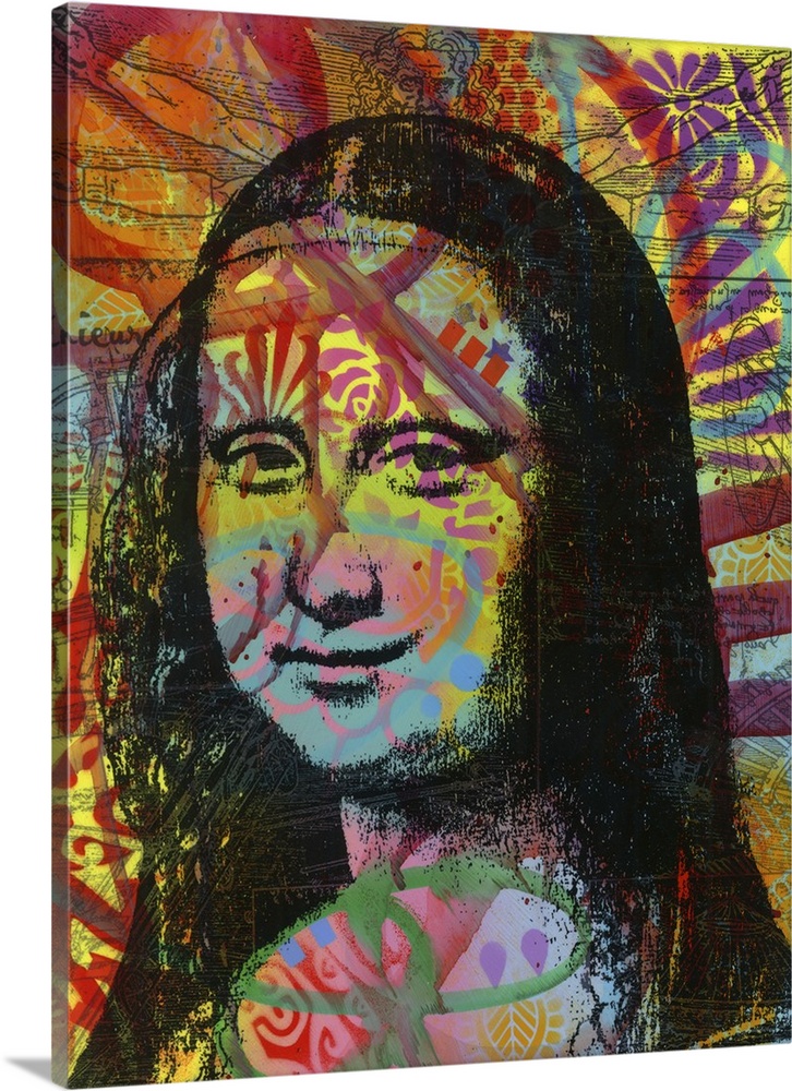 Pop art style portrait of Mona Lisa with colorful graffiti-like designs.