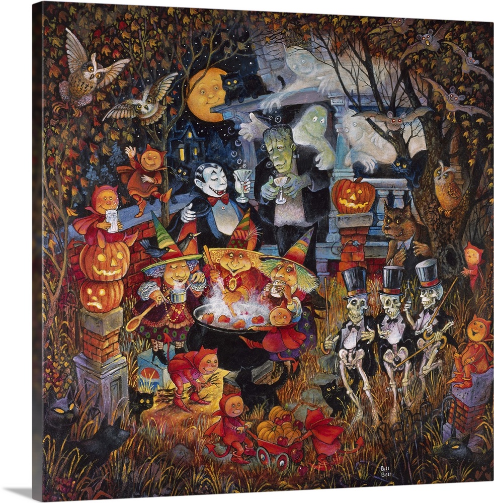 Halloween monsters and lots of cats around a steaming cauldron.