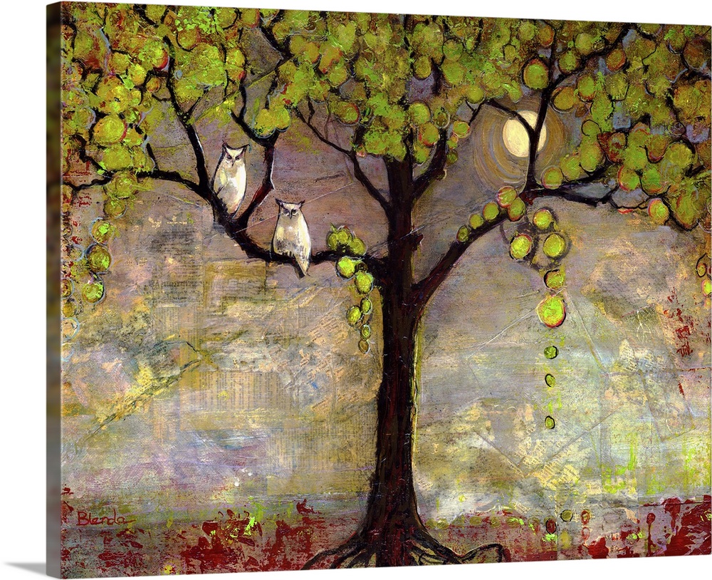 Lighthearted contemporary painting of a tree with birds perched on the on the branches.