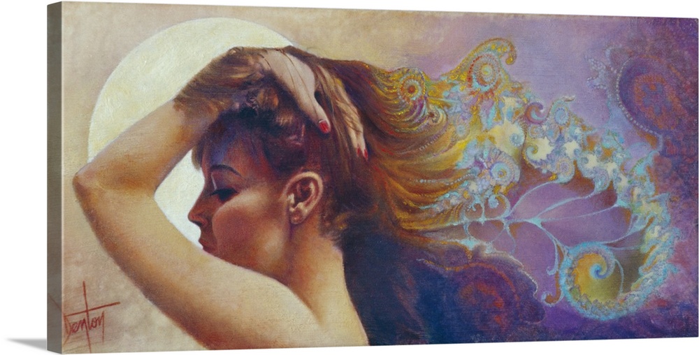 A contemporary painting of a woman in profile with her hand on head as her hair flows behind her with fractals streaming f...