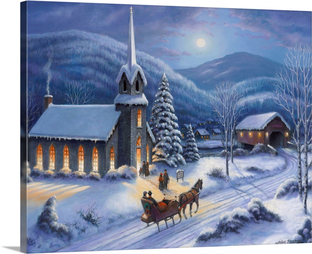 Snow, church, moon, covered bridge, horse and sledChristmas, winter