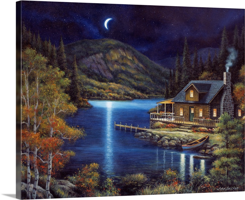 moonlit cabin near lake