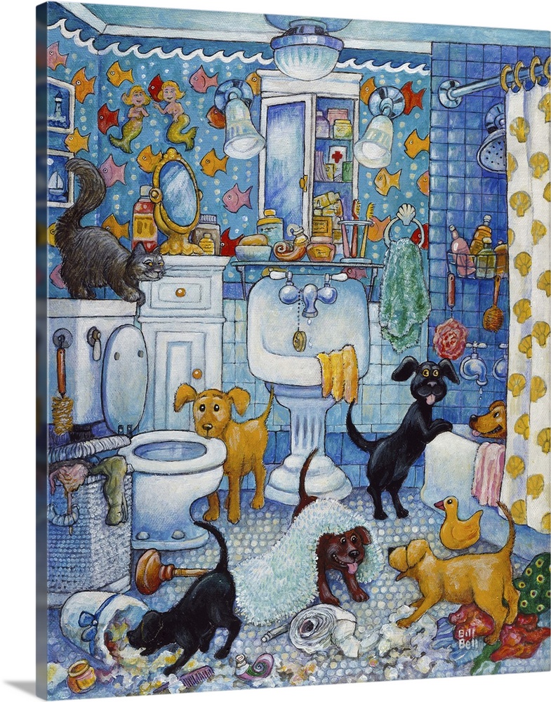 A group of dogs (puppies) in the bathroom.