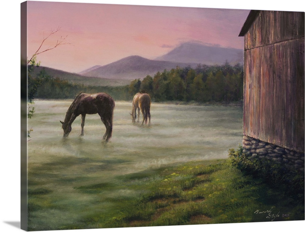 Contemporary painting of horses grazing in the morning mist.