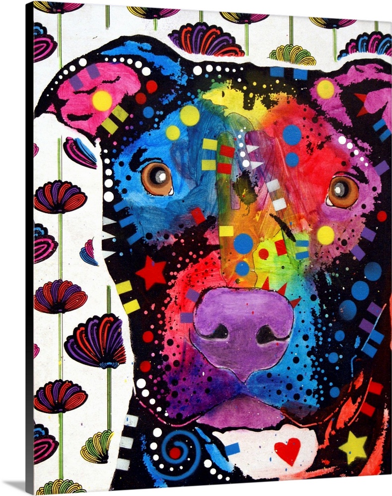 Contemporary stencil painting of a pit bull filled with various colors on an abstract floral-patterned background.