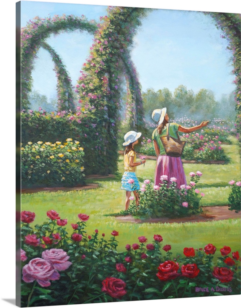 Contemporary artwork of a mother and daughter tending to a garden.