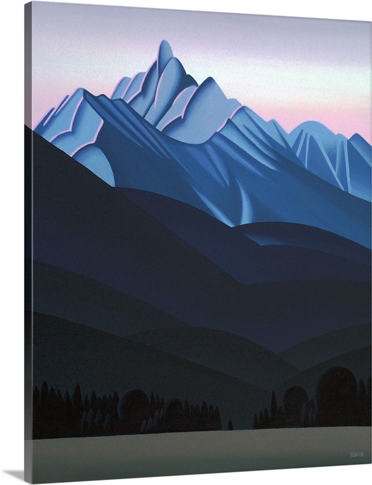 Contemporary painting using smooth textures and clean lines to make an idyllic mountain range landscape.