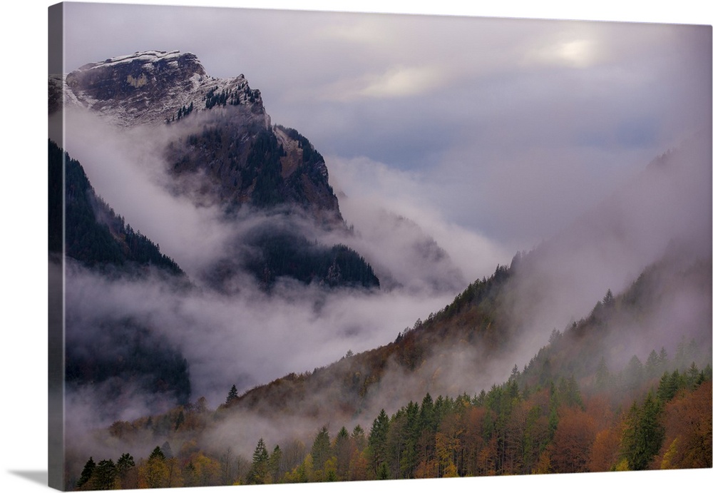 A photograph of a mountain valley covered in deep with thick fog shrouding the area.