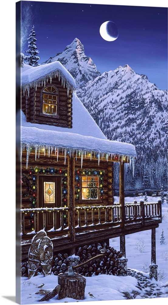 a log cabin, decorated for christmas, snow all around with a crescent moon shining