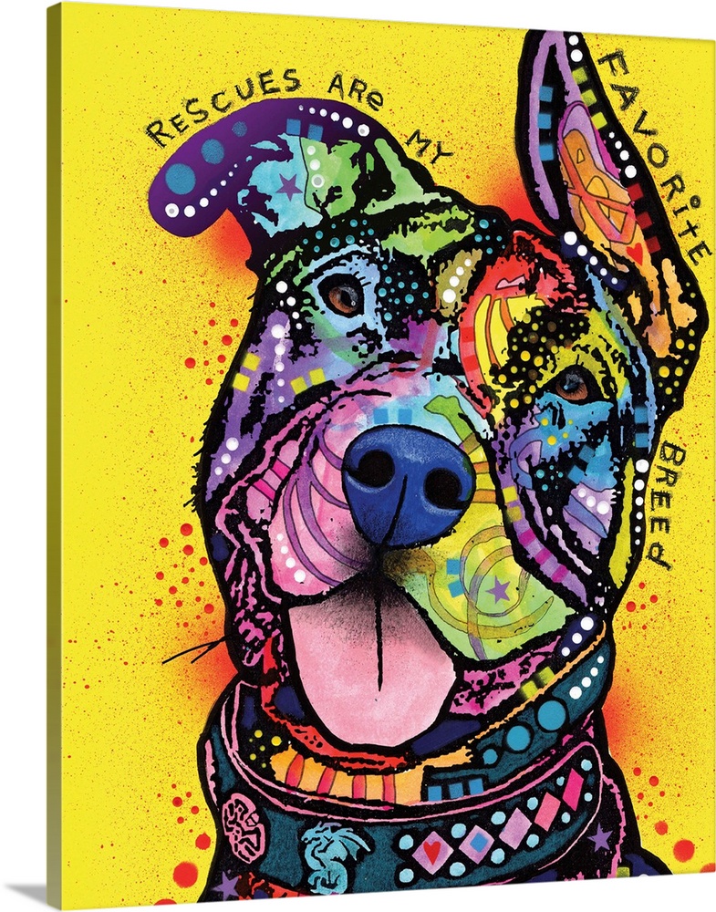 "Rescues Are My Favorite Breed" handwritten around a colorful painting of a rescue dog with abstract markings on a yellow ...