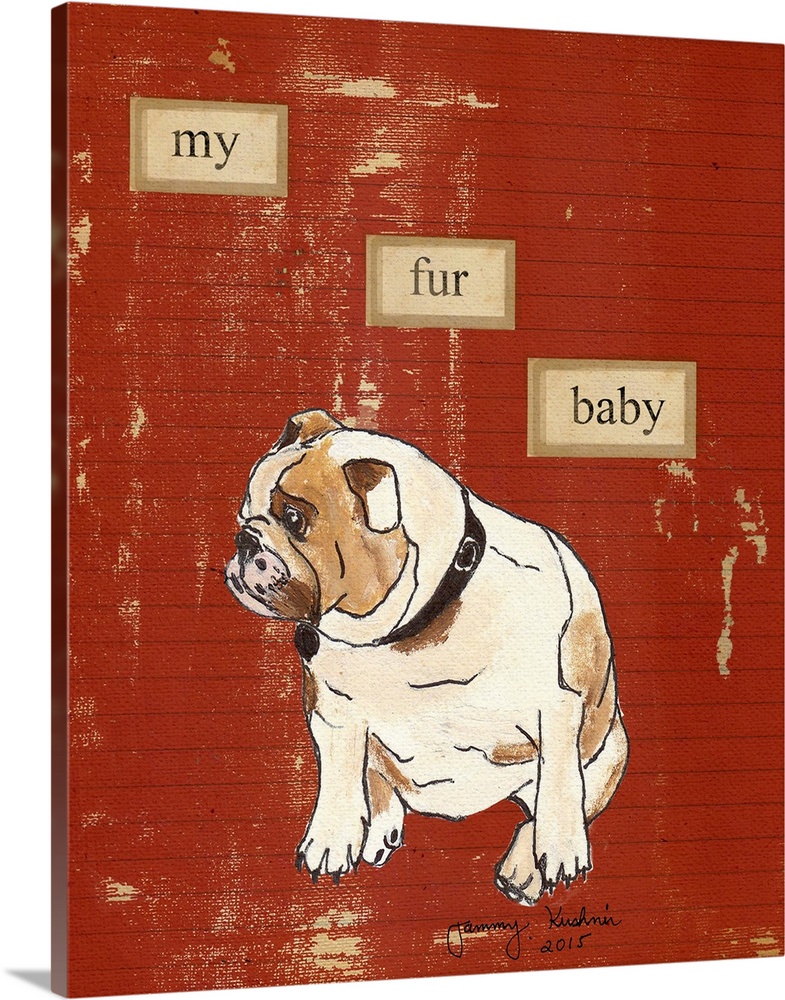 Drawing of a bulldog with cut-out words on a striped background.
