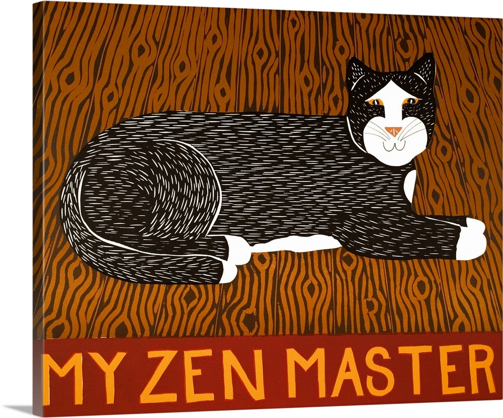Illustration of a black and white cat laying on hardwood floors with the phrase "My Zen Master" written on the bottom.