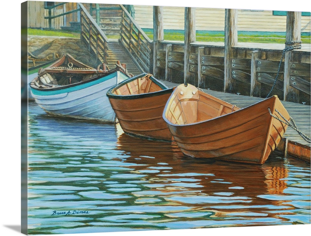 Contemporary artwork of rowboats at a dock.