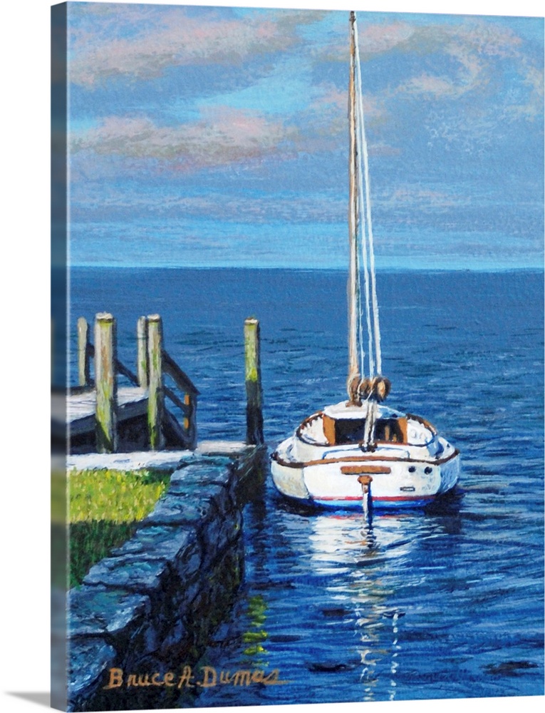 Contemporary artwork of a sailboat at a dock.