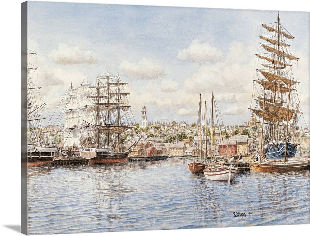 Contemporary painting of a harbor filled with high masted ships.