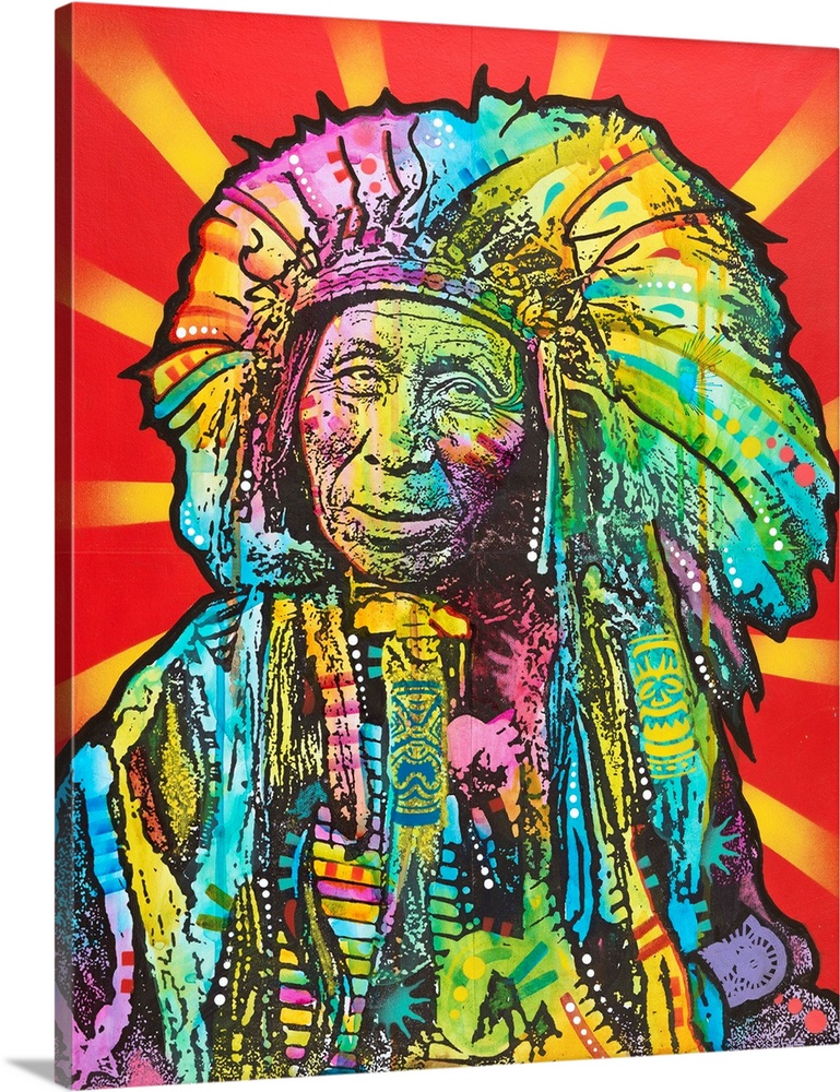 Illustration of a Native American wearing a head dress with colorful markings all over on a red background with yellow lines.